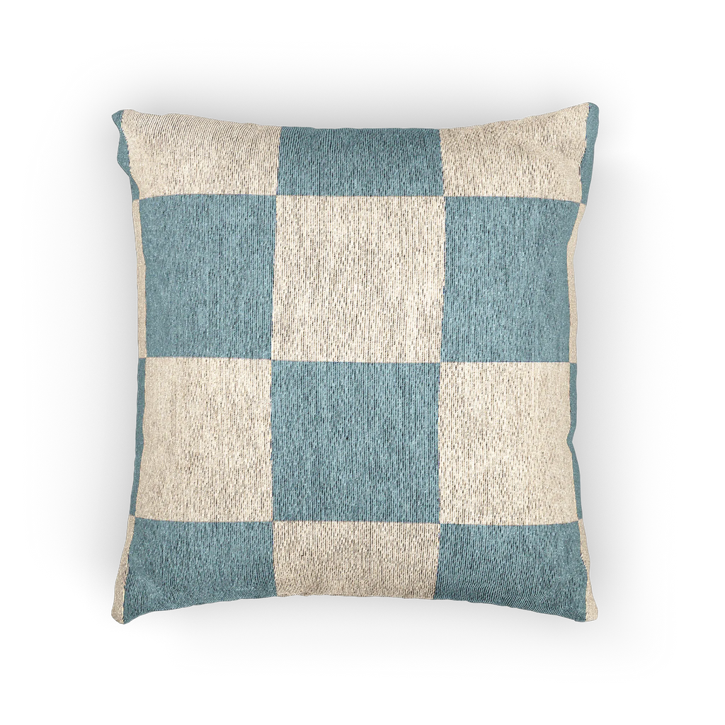A back view of the Danish Blue & Cream Woven Check Pillow, showing a danish blue checker pattern on an oatmeal cream colored background. 