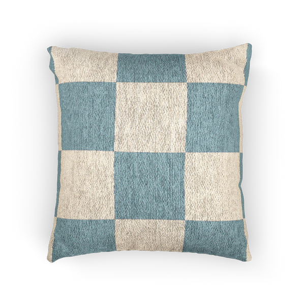 A front view of the Danish Blue & Cream Woven Check Pillow, showing a danish blue checker pattern on an oatmeal cream colored background. 