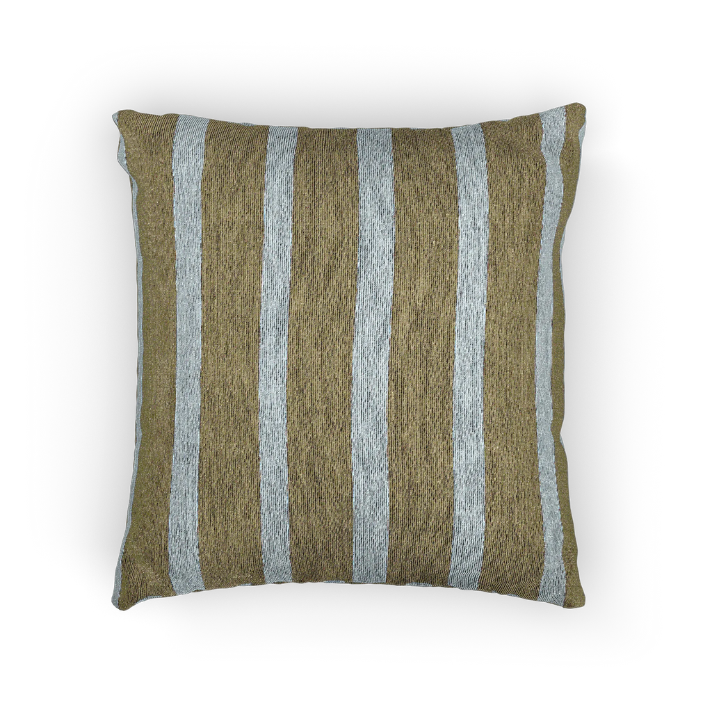 A front view of the Danish Blue Dark Neutral Wood Striped Woven Pillow showing a dark neutral wood background and danish blue pinstripes. 