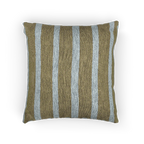 A front view of the Danish Blue Dark Neutral Wood Striped Woven Pillow showing a dark neutral wood background and danish blue pinstripes. 