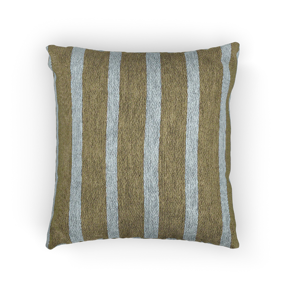 A front view of the Danish Blue Dark Neutral Wood Striped Woven Pillow showing a dark neutral wood background and danish blue pinstripes. 