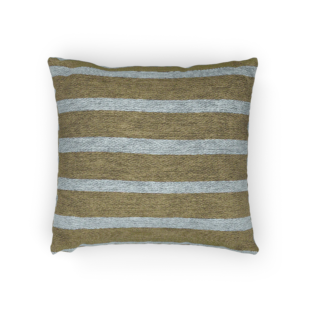 A horizontal view of the Danish Blue Dark Neutral Wood Striped Woven Pillow showing a dark neutral wood background and danish blue pinstripes. 