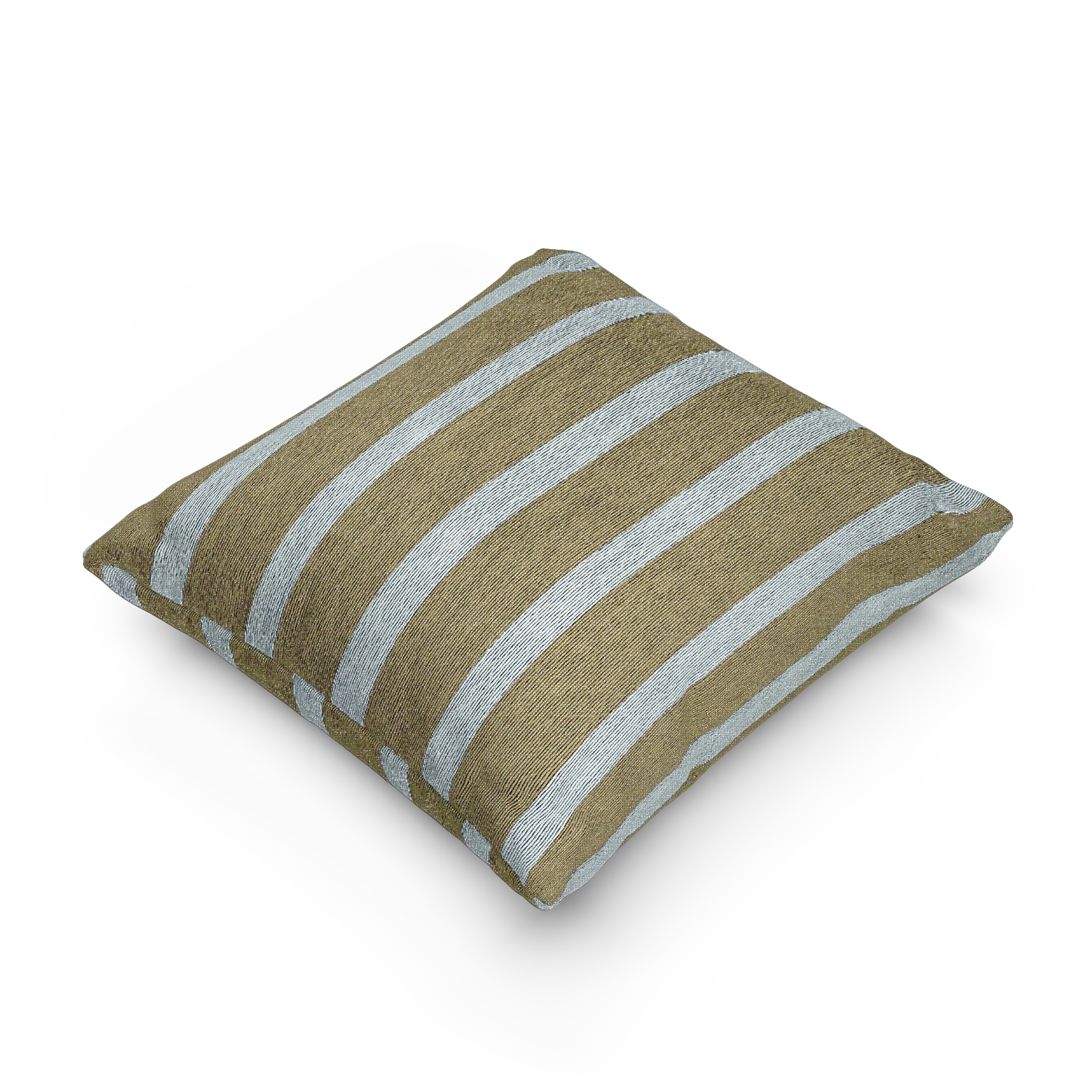 A side preview of the Danish Blue Dark Neutral Wood Striped Woven Pillow showing a dark neutral wood background and danish blue pinstripes. 