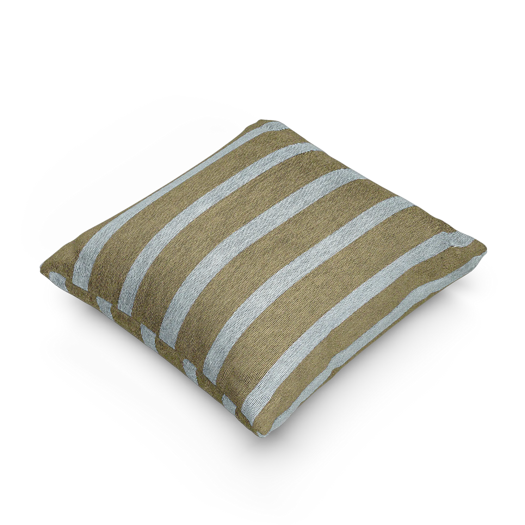A side view of the Danish Blue Dark Neutral Wood Striped Woven Pillow showing a dark neutral wood background and danish blue pinstripes. 
