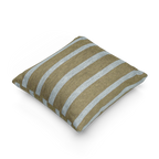 A side view of the Danish Blue Dark Neutral Wood Striped Woven Pillow showing a dark neutral wood background and danish blue pinstripes. 