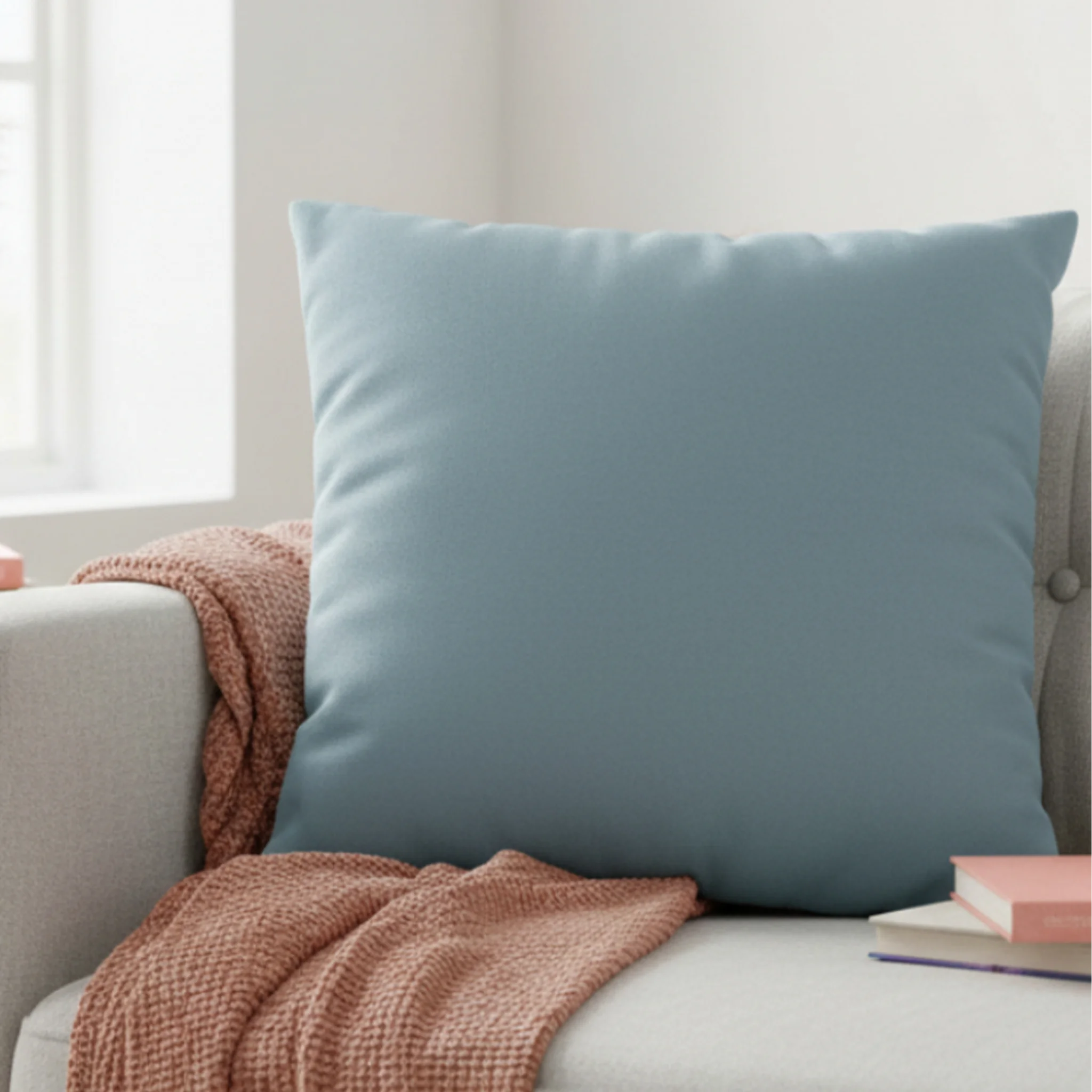 Danish Blue faux suede pillow case styled on a couch in a modern living room.
