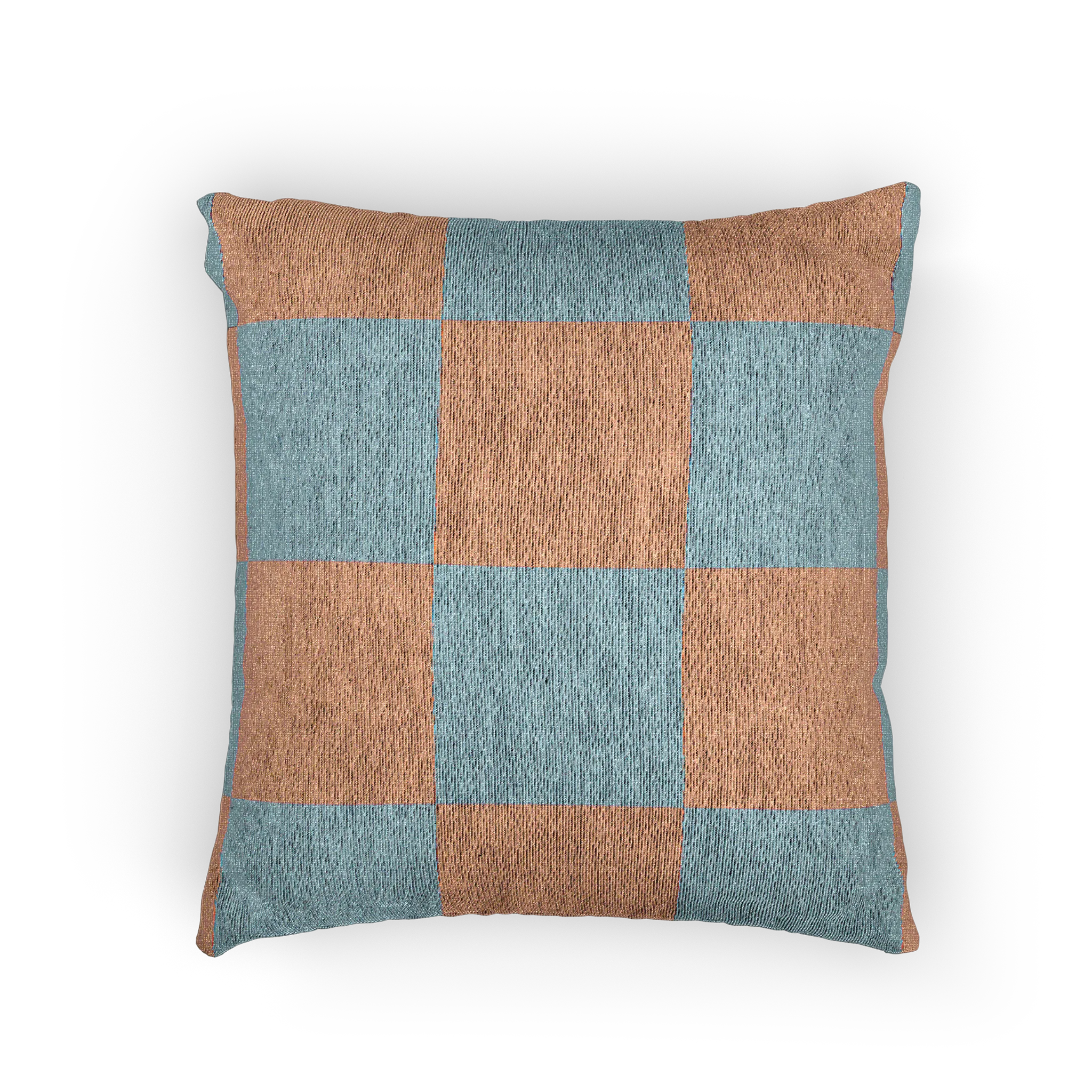 A back preview of the Danish Blue Vintage Salmon Checker Woven Pillow showing danish blue checker squares on a salmon red background.