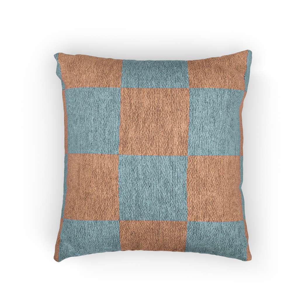 A front view of the Danish Blue Vintage Salmon Checker Woven Pillow showing danish blue checker squares on a salmon red background.