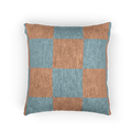 A front view of the Danish Blue Vintage Salmon Checker Woven Pillow showing danish blue checker squares on a salmon red background.
