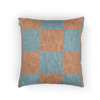A front view of the Danish Blue Vintage Salmon Checker Woven Pillow showing danish blue checker squares on a salmon red background.