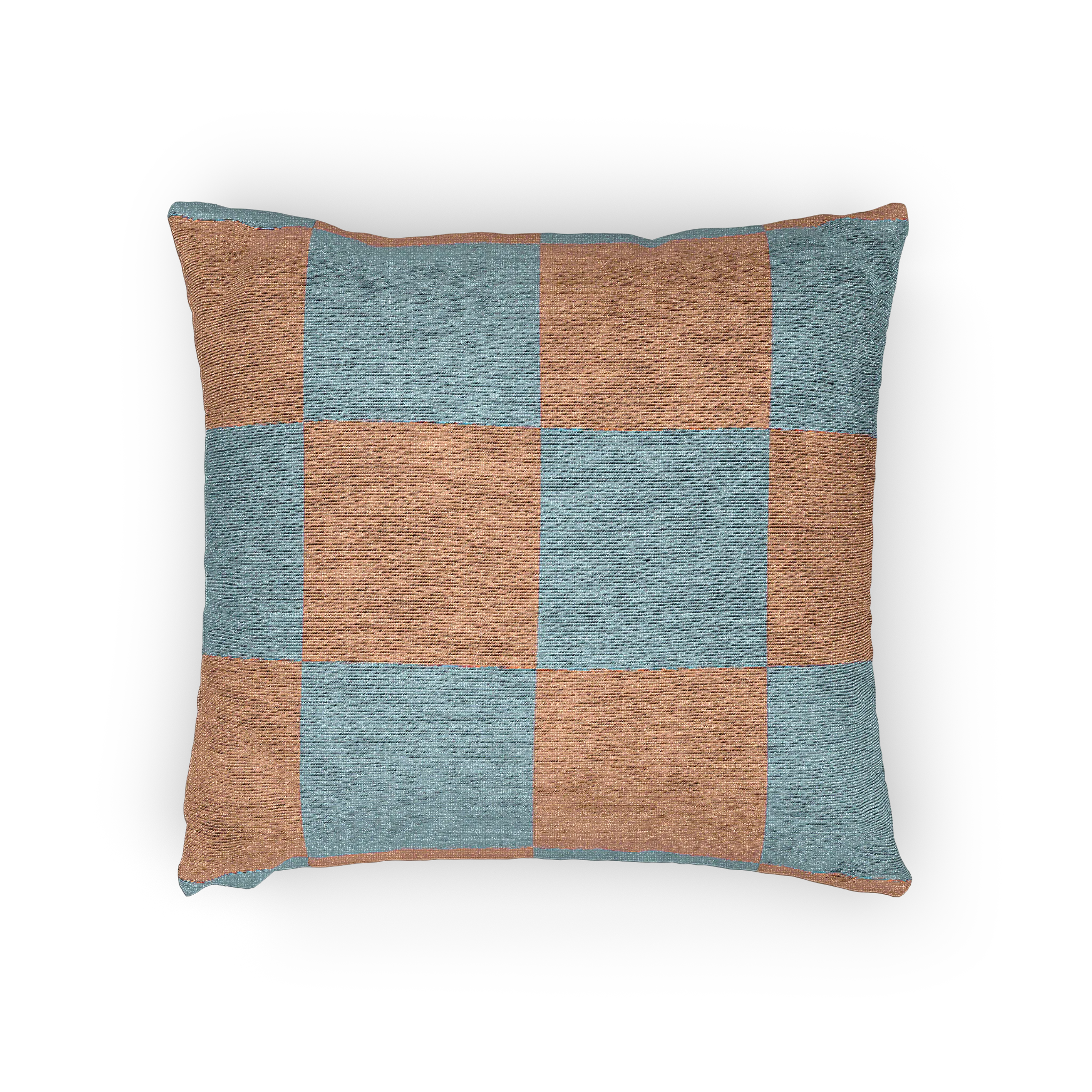 A horizontal preview of the Danish Blue Vintage Salmon Checker Woven Pillow showing danish blue checker squares on a salmon red background.