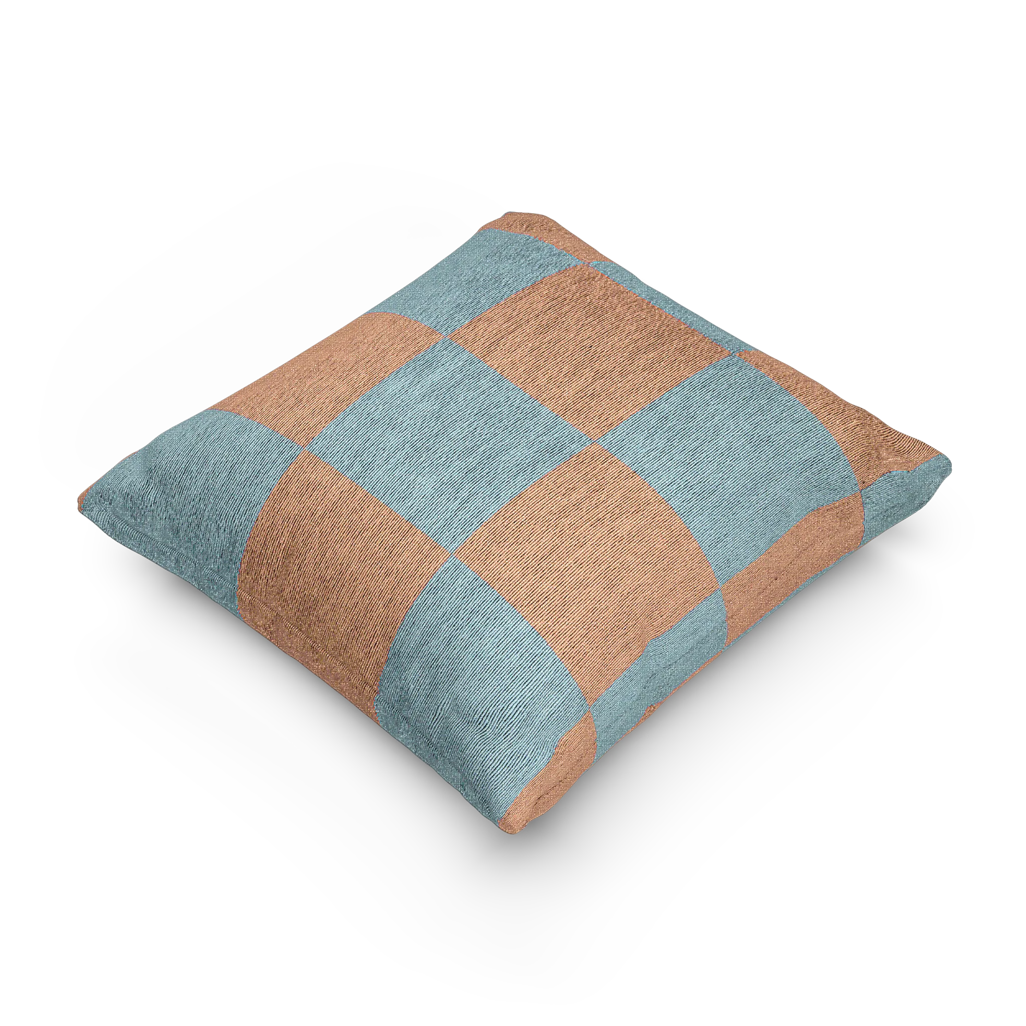 A side preview of the Danish Blue Vintage Salmon Checker Woven Pillow showing danish blue checker squares on a salmon red background.
