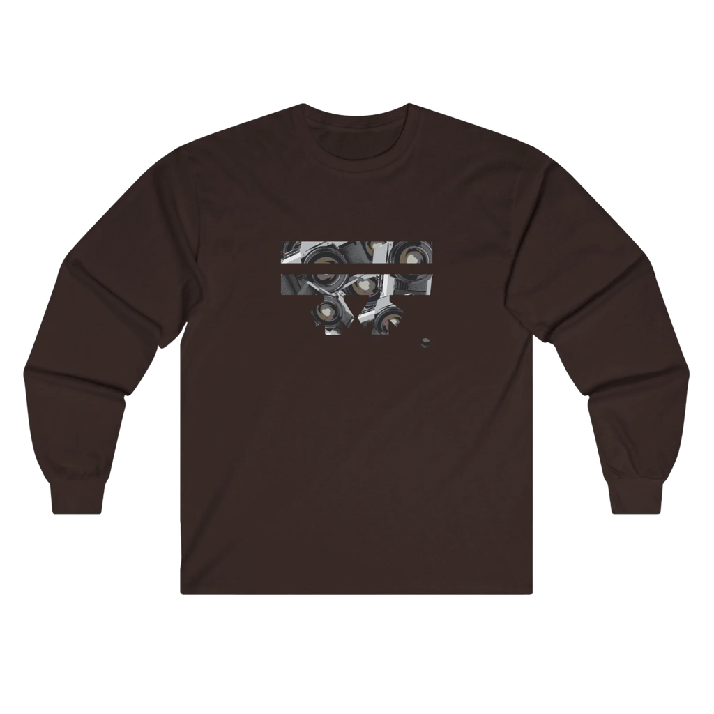 Dark Chocolate Retro Camera FREEBRD logo long sleeve tee, retro camera lens collage, crew neck, front view.