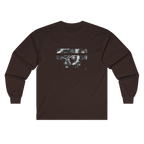 Dark Chocolate Retro Camera FREEBRD logo long sleeve tee, retro camera lens collage, crew neck, front view.