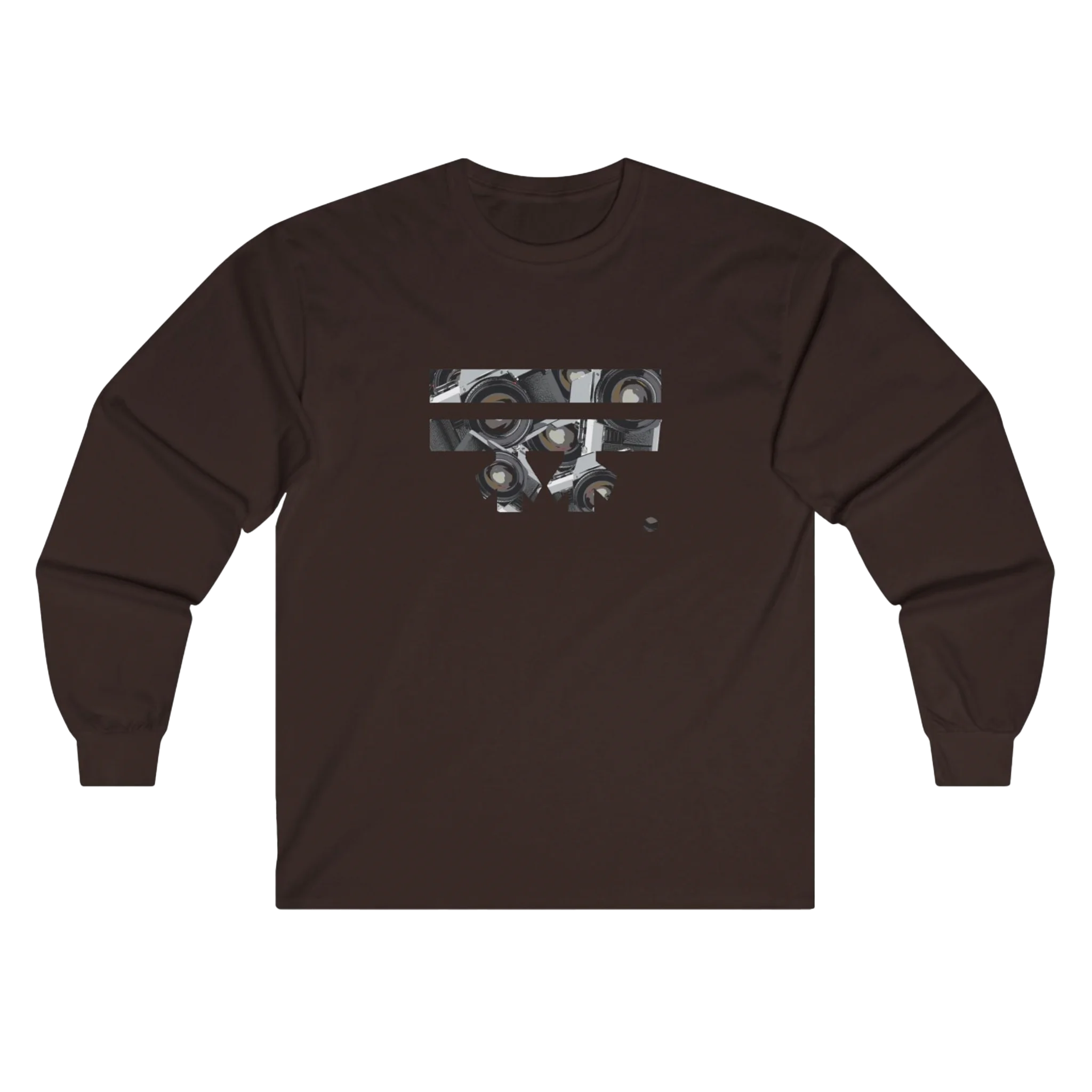 Dark Chocolate Retro Camera FREEBRD logo long sleeve tee, retro camera lens collage, crew neck, front view.