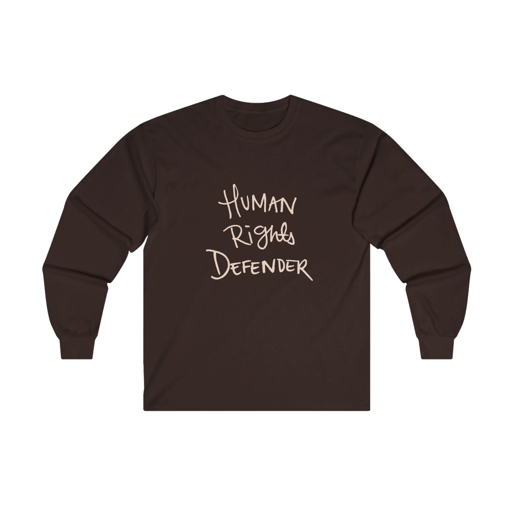 Dark Chocolate Human Rights Defender long sleeve tee, front view.