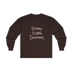 Dark Chocolate Human Rights Defender long sleeve tee, front view.