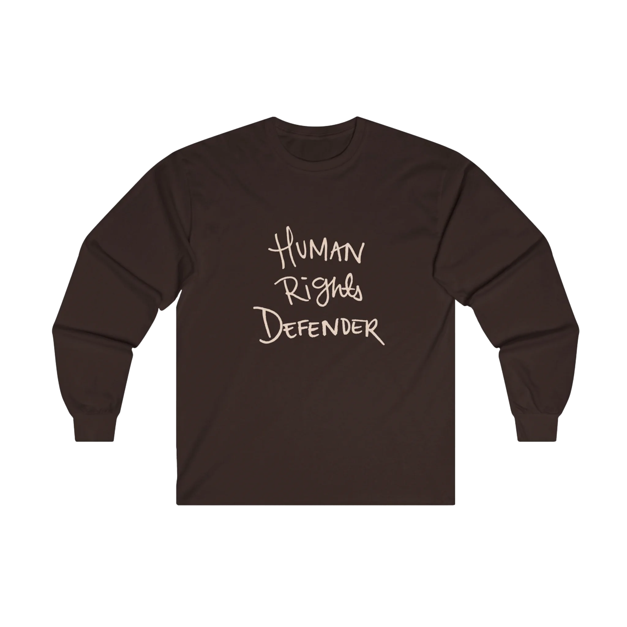 Dark Chocolate Human Rights Defender long sleeve tee, front view.