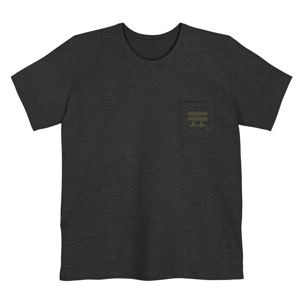 A dark grey Old Skool Camo Duck Hunting Retriever Classic Pocket T-Shirt that shows a FREEBRD duck hunter logo decal with two duck calls, mallard duck feet and a shotgun shell casing on the left front pocket.