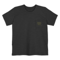A dark grey Old Skool Camo Duck Hunting Retriever Classic Pocket T-Shirt that shows a FREEBRD duck hunter logo decal with two duck calls, mallard duck feet and a shotgun shell casing on the left front pocket.