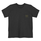 A dark grey Old Skool Camo Duck Hunting Retriever Classic Pocket T-Shirt that shows a FREEBRD duck hunter logo decal with two duck calls, mallard duck feet and a shotgun shell casing on the left front pocket.