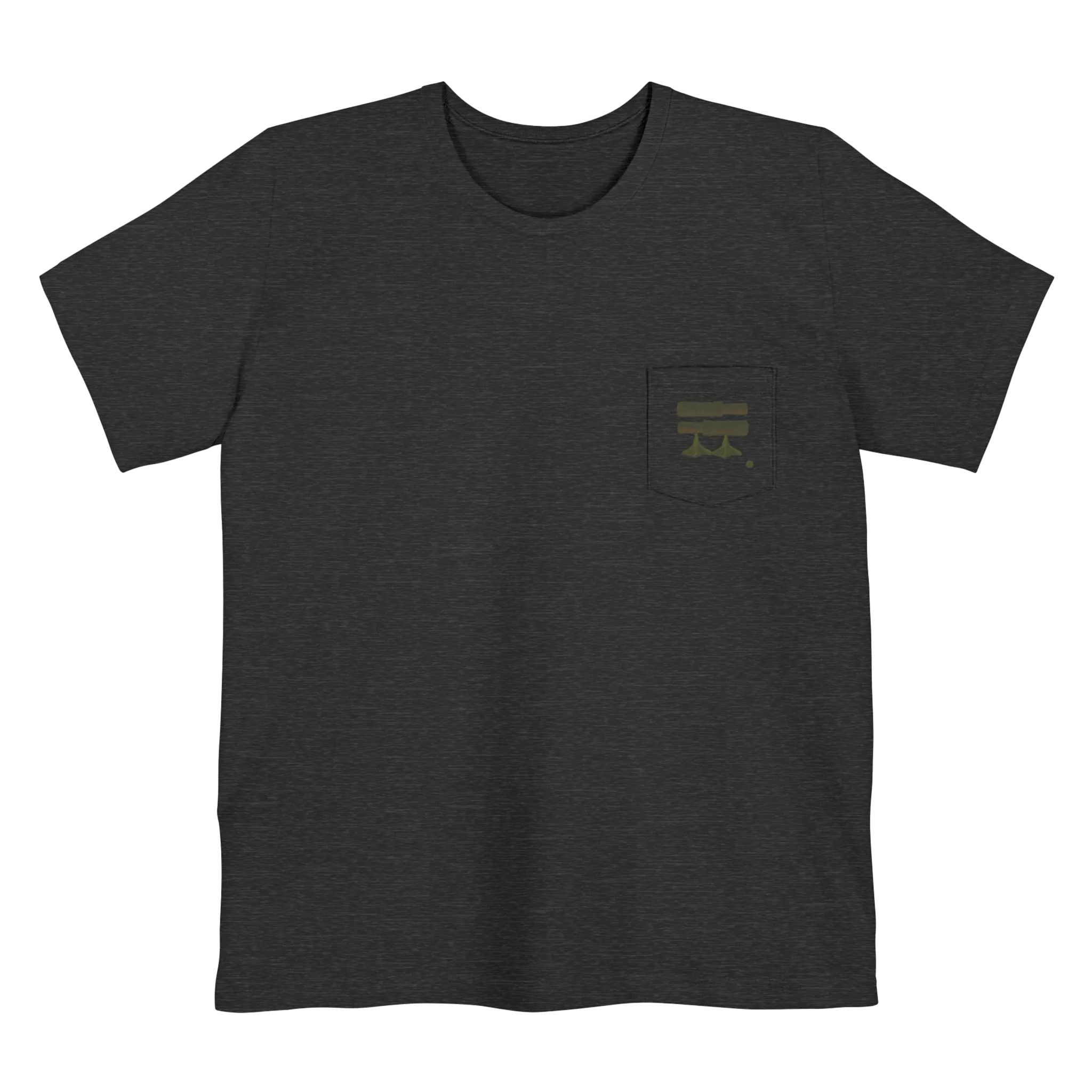 A dark grey Old Skool Camo Duck Hunting Retriever Classic Pocket T-Shirt that shows a FREEBRD duck hunter logo decal with two duck calls, mallard duck feet and a shotgun shell casing on the left front pocket.