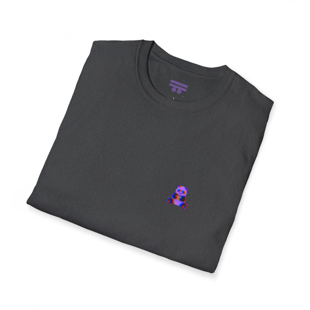 A folded view of the dark heather t-shirt featuring a small glitch art pixel panda holding a coffee cup with a chromatic aberration effect in purple, blue, and red on the left chest and a purple FREEBRD logo on the inner neck label. 