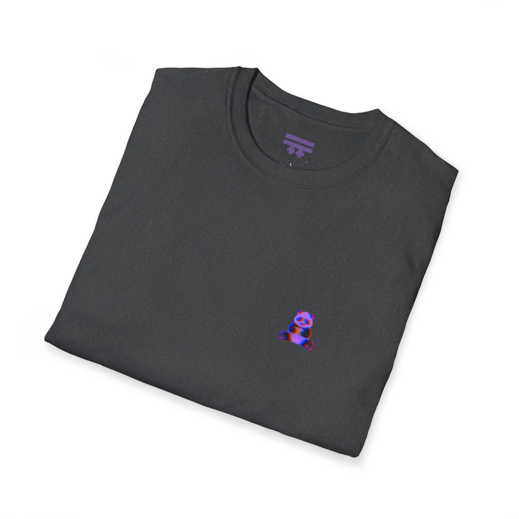 A folded view of the dark heather t-shirt featuring a small glitch art pixel panda holding a coffee cup with a chromatic aberration effect in purple, blue, and red on the left chest and a purple FREEBRD logo on the inner neck label. 
