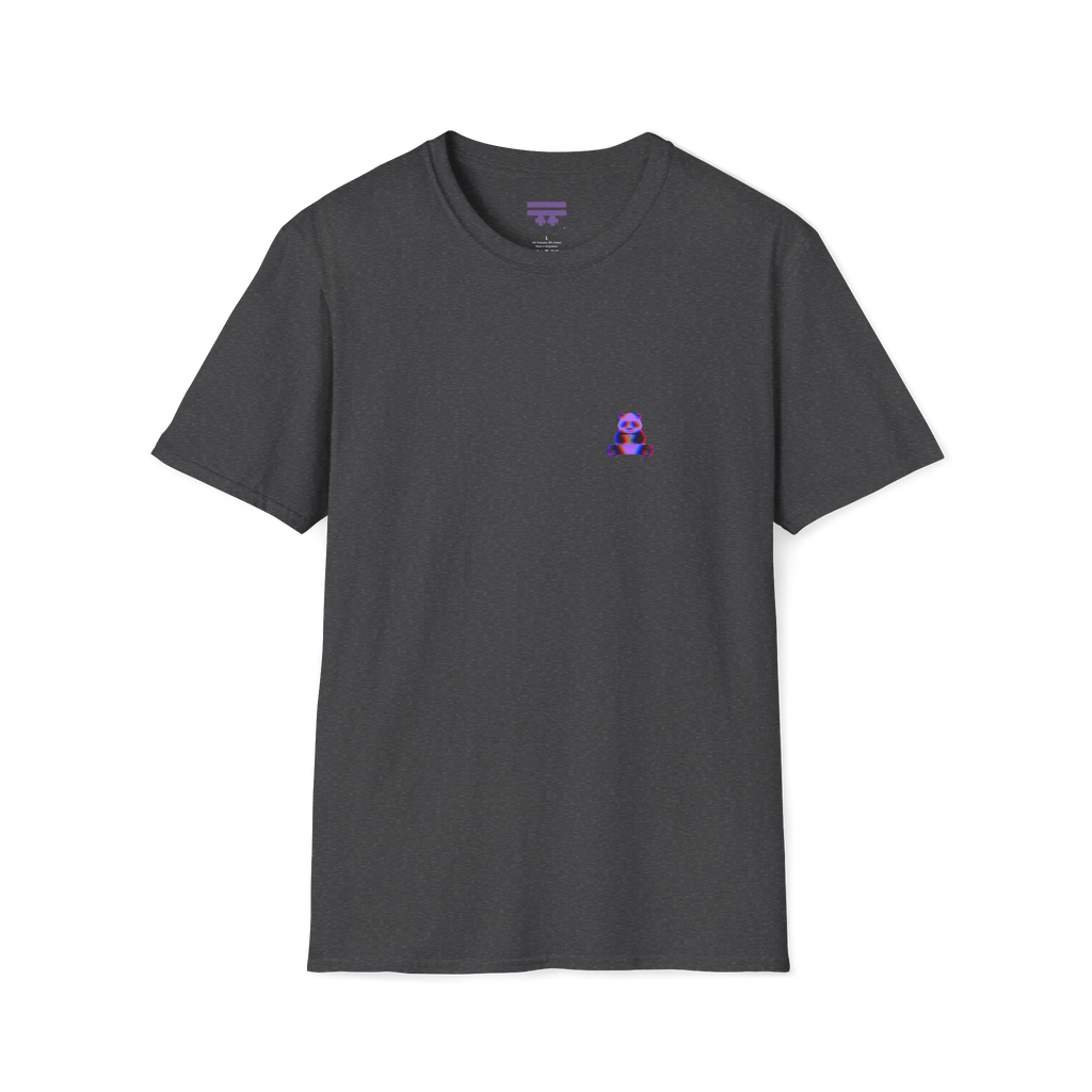 A front preview of the dark heather t-shirt featuring a small glitch art pixel panda holding a coffee cup with a chromatic aberration effect in purple, blue, and red on the left chest.