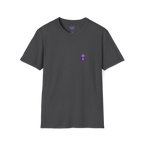 A front preview of the dark heather t-shirt featuring a small glitch art pixel panda holding a coffee cup with a chromatic aberration effect in purple, blue, and red on the left chest.