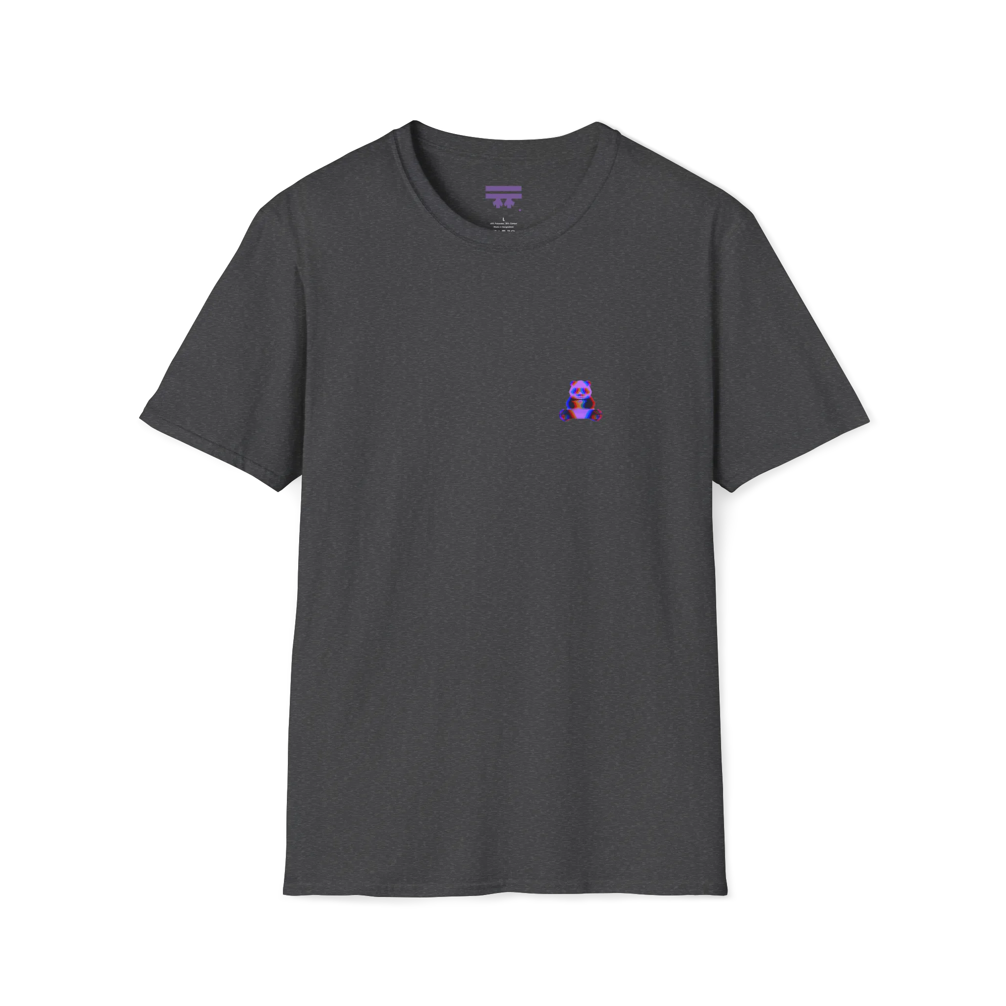 A front preview of the dark heather t-shirt featuring a small glitch art pixel panda holding a coffee cup with a chromatic aberration effect in purple, blue, and red on the left chest.