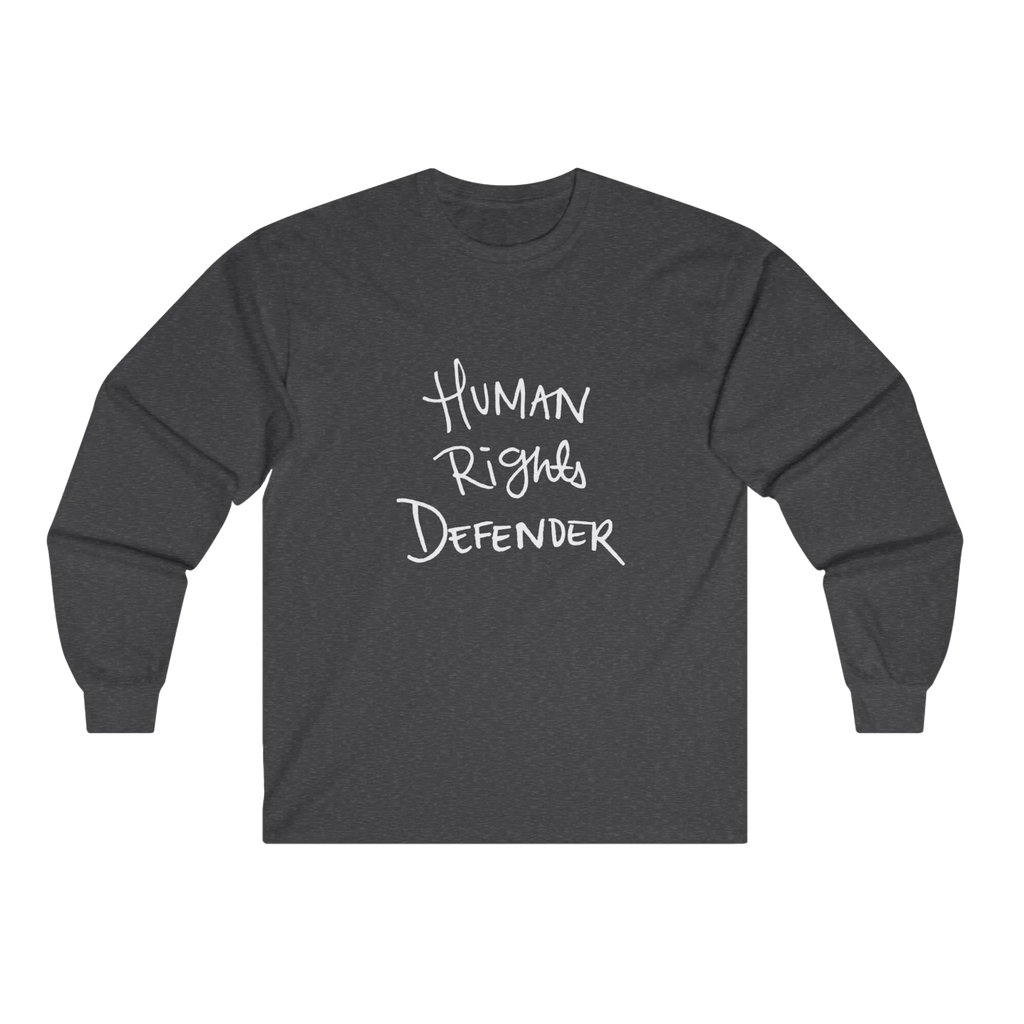 Dark Heather Human Rights Defender long sleeve tee, front view.