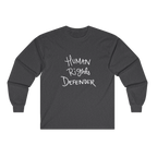 Dark Heather Human Rights Defender long sleeve tee, front view.