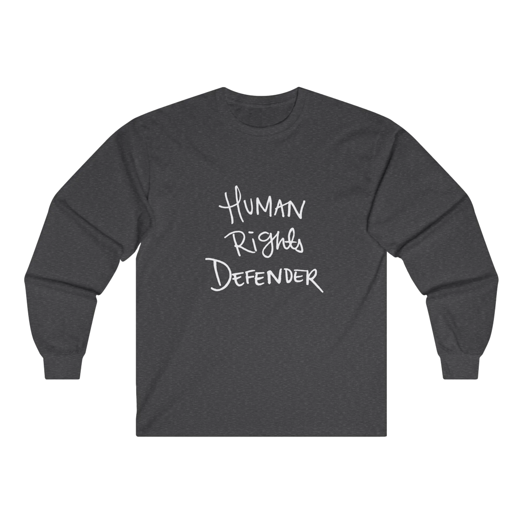 Dark Heather Human Rights Defender long sleeve tee, front view.