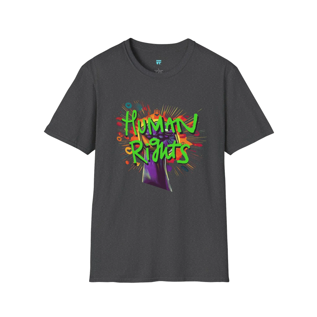 A dark heather t-shirt with a graffiti-style 'Human Rights' graphic featuring a purple fist and 'human rights' in lime green with a black shadow.