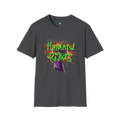 A dark heather t-shirt with a graffiti-style 'Human Rights' graphic featuring a purple fist and 'human rights' in lime green with a black shadow.