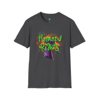 A dark heather t-shirt with a graffiti-style 'Human Rights' graphic featuring a purple fist and 'human rights' in lime green with a black shadow.