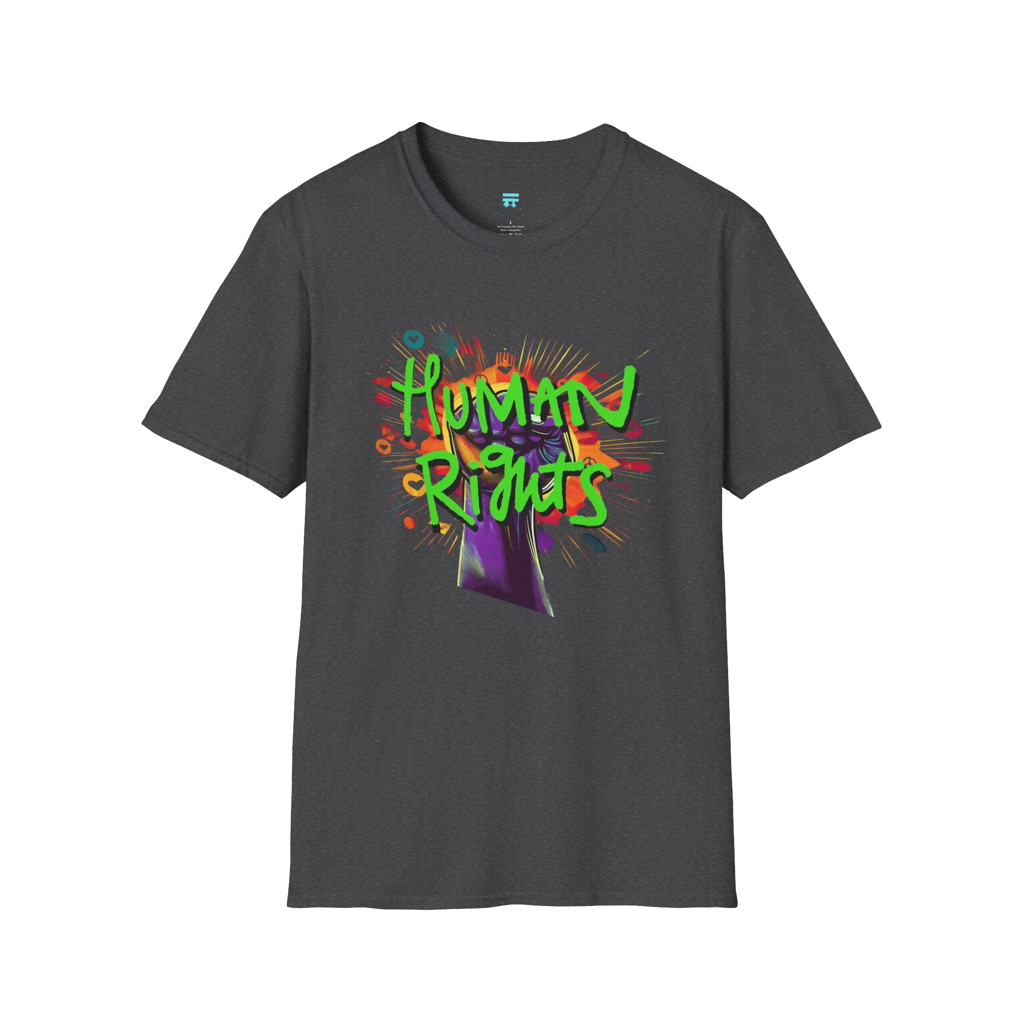A dark heather t-shirt with a graffiti-style 'Human Rights' graphic featuring a purple fist and 'human rights' in lime green with a black shadow.