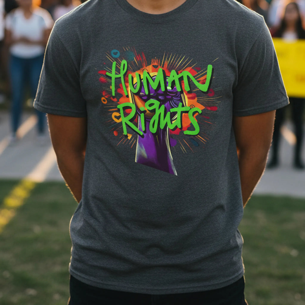 A person wearing a dark heather Human Rights Graffiti Tee outdoors, showing the purple fist graphic and lime green 'human rights' text at a rally setting.