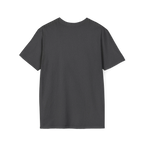 A back view of the dark heather perf retro graphic t-shirt.