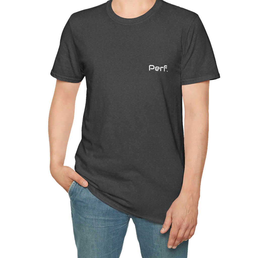A person wearing the dark heather perf retro graphic t-shirt in an outfit styling.