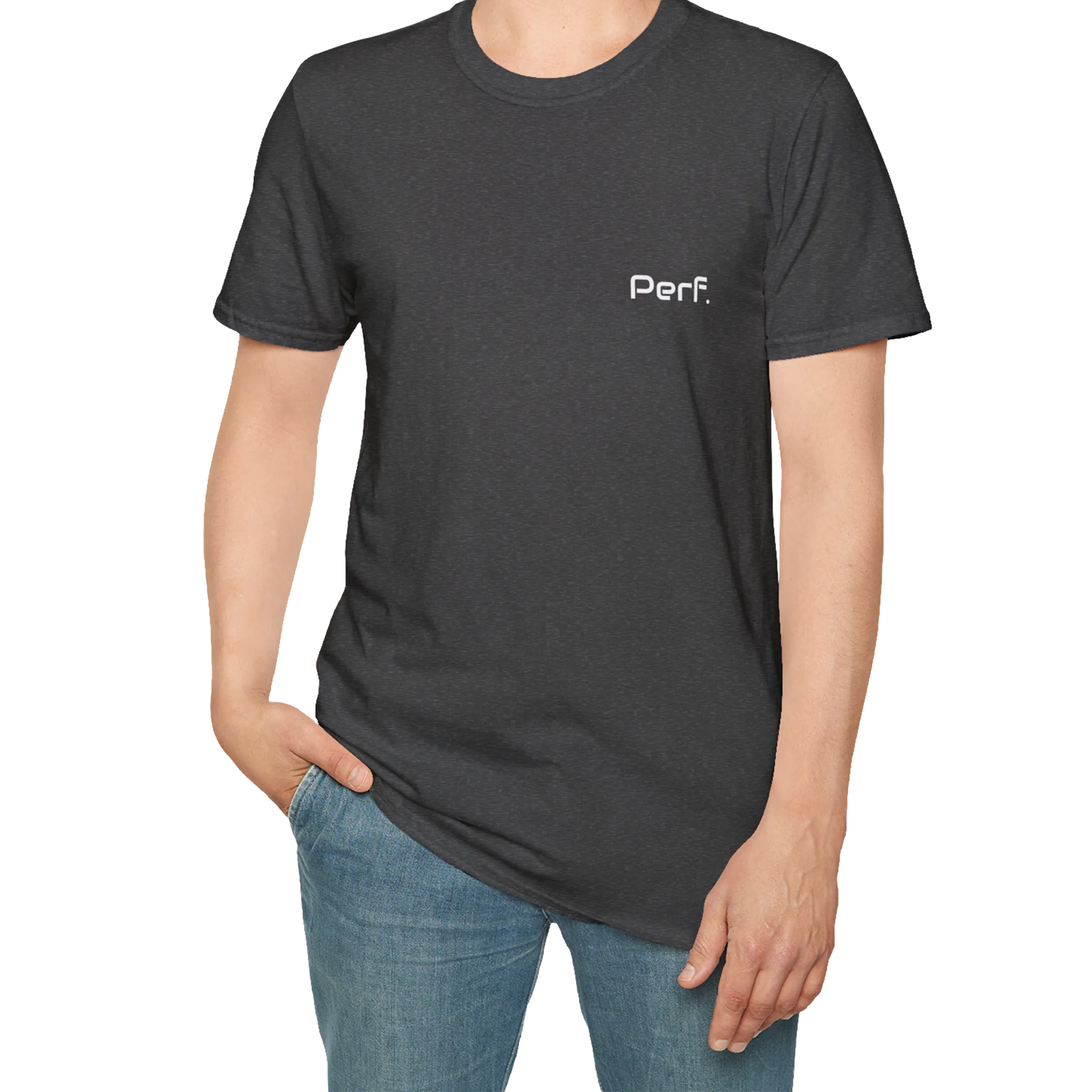 A person wearing the dark heather perf retro graphic t-shirt in an outfit styling.