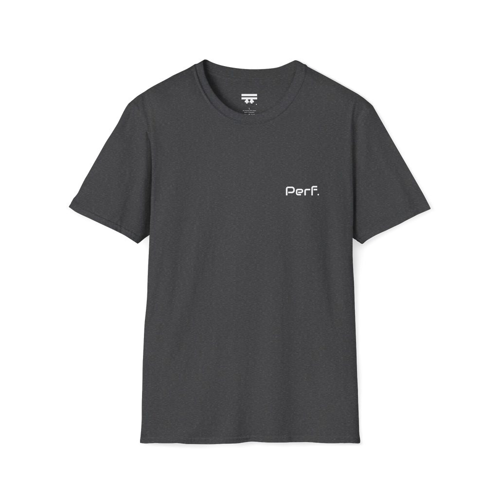 A dark heather perf retro graphic t-shirt featuring a bold 'Perf' graphic on the chest, front view.