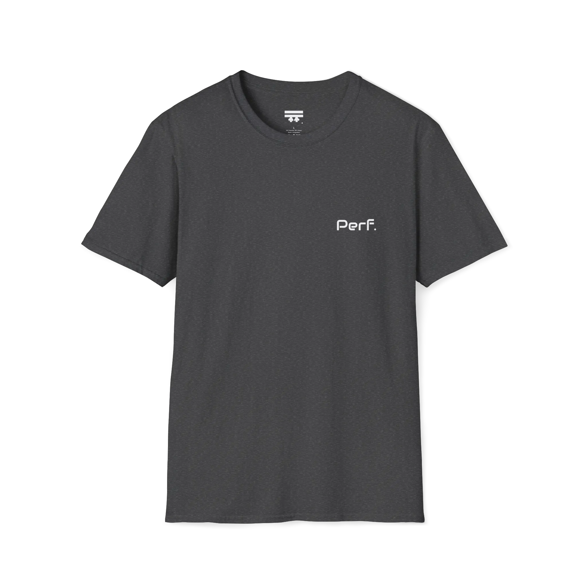 A dark heather perf retro graphic t-shirt featuring a bold 'Perf' graphic on the chest, front view.