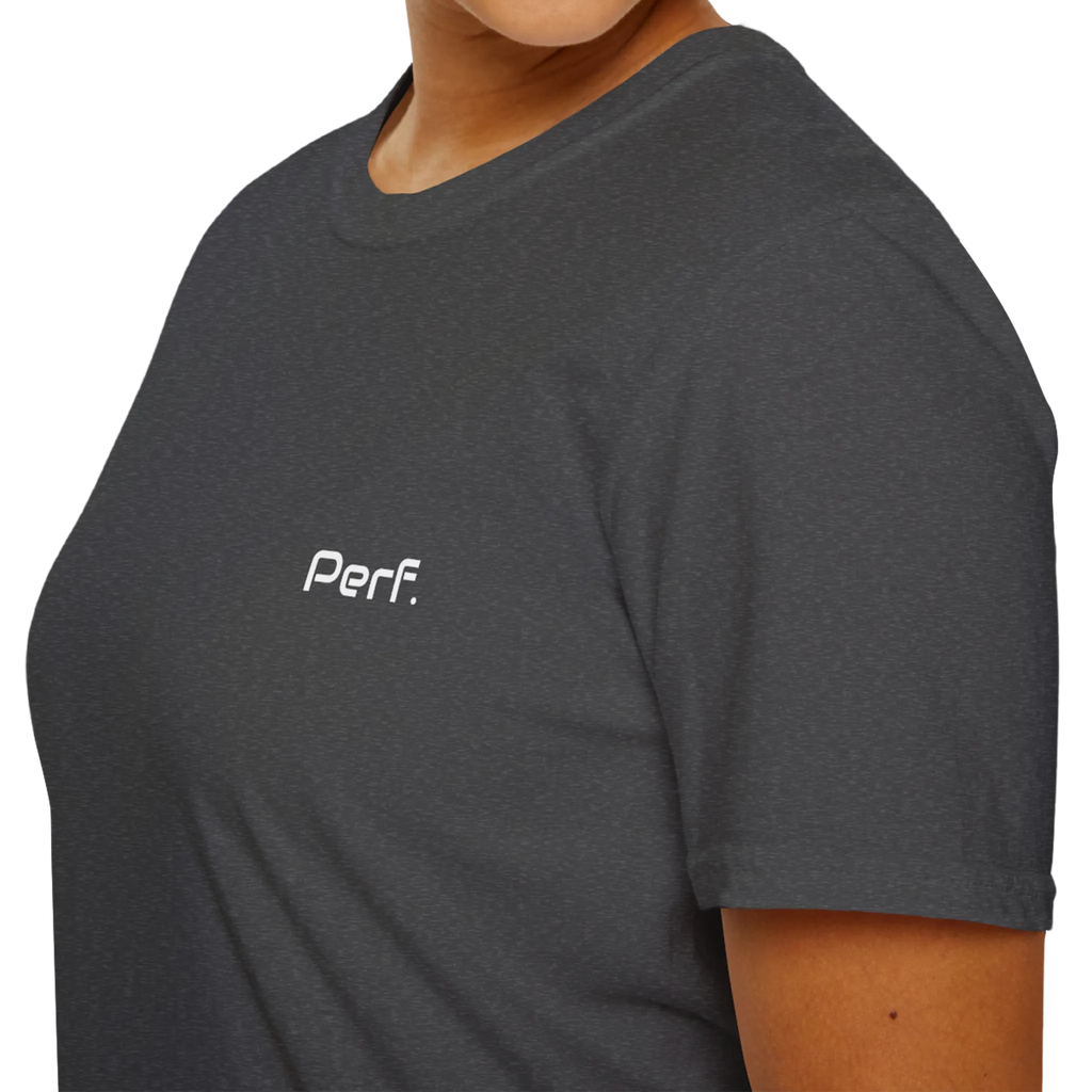A close-up front view of the dark heather perf retro graphic t-shirt.