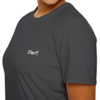 A close-up front view of the dark heather perf retro graphic t-shirt.