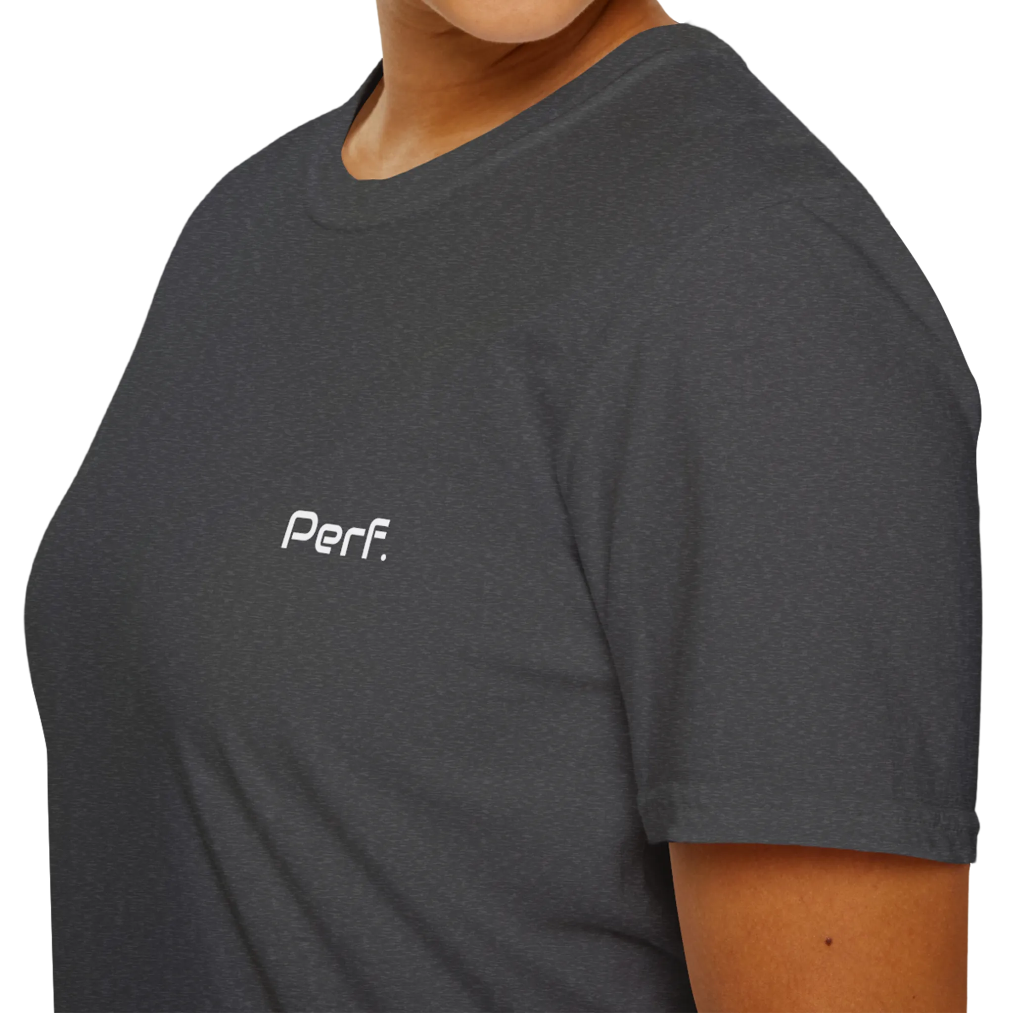 A close-up front view of the dark heather perf retro graphic t-shirt.