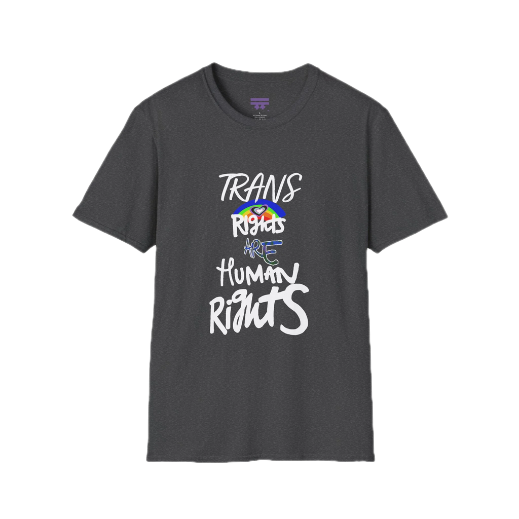 A Dark heather Trans Rights Are Human Rights T-Shirt — hand-lettered rainbow graphic, front preview — LGBTQ pride tee.