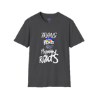 A Dark heather Trans Rights Are Human Rights T-Shirt — hand-lettered rainbow graphic, front preview — LGBTQ pride tee.