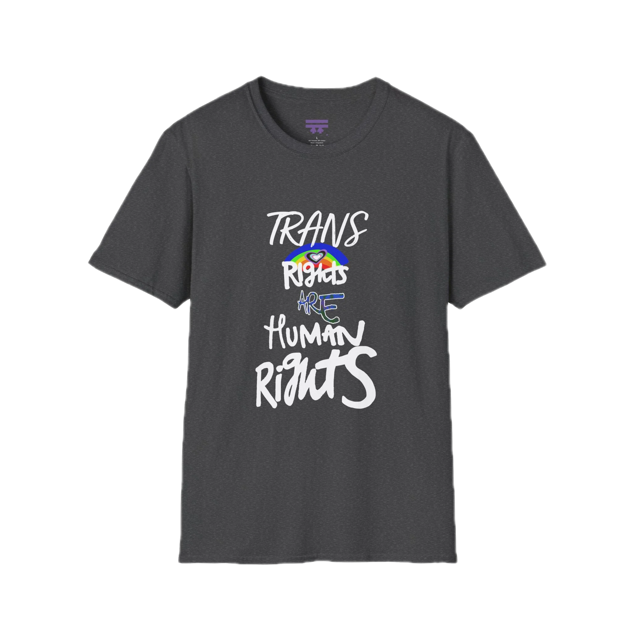 A Dark heather Trans Rights Are Human Rights T-Shirt — hand-lettered rainbow graphic, front preview — LGBTQ pride tee.